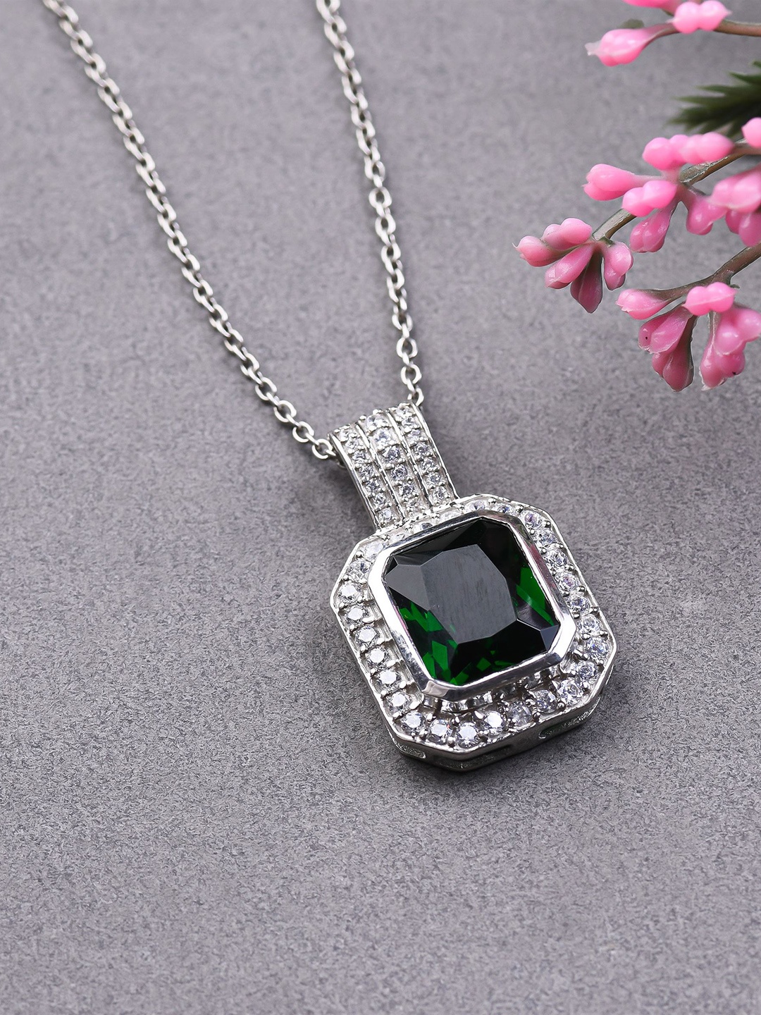 

KUBERBOX 92.5 Sterling Silver Rhodium-Plated Stone-Studded Pendant With Chain