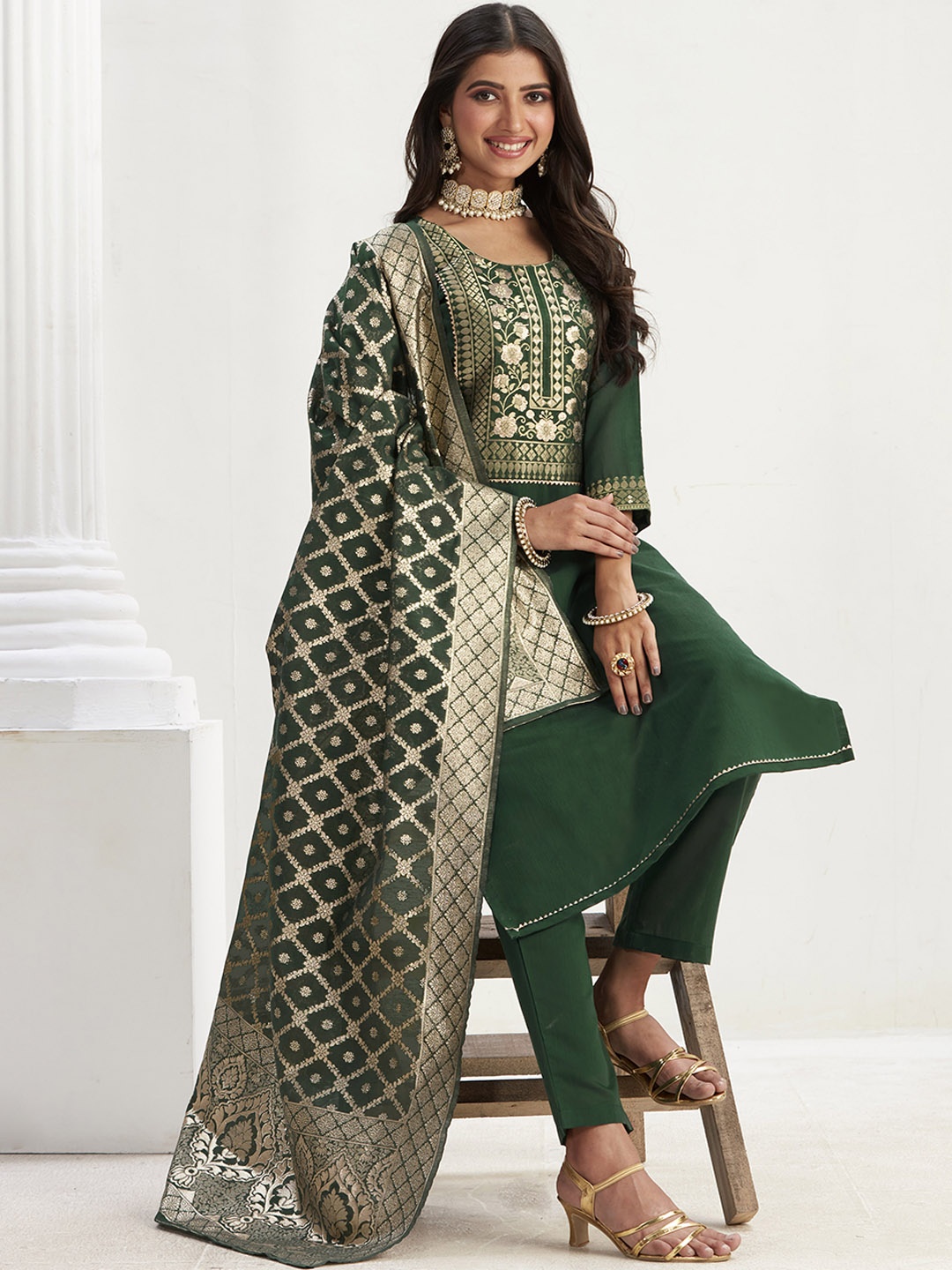 

Sangria Green Woven Design Gotta Patti Straight Kurta With Trouser & Dupatta