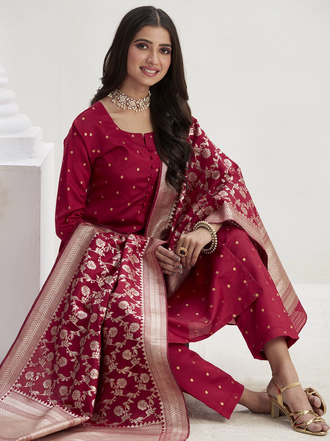 

Sangria Maroon Geometric Printed Straight Kurta With Trousers And Dupatta