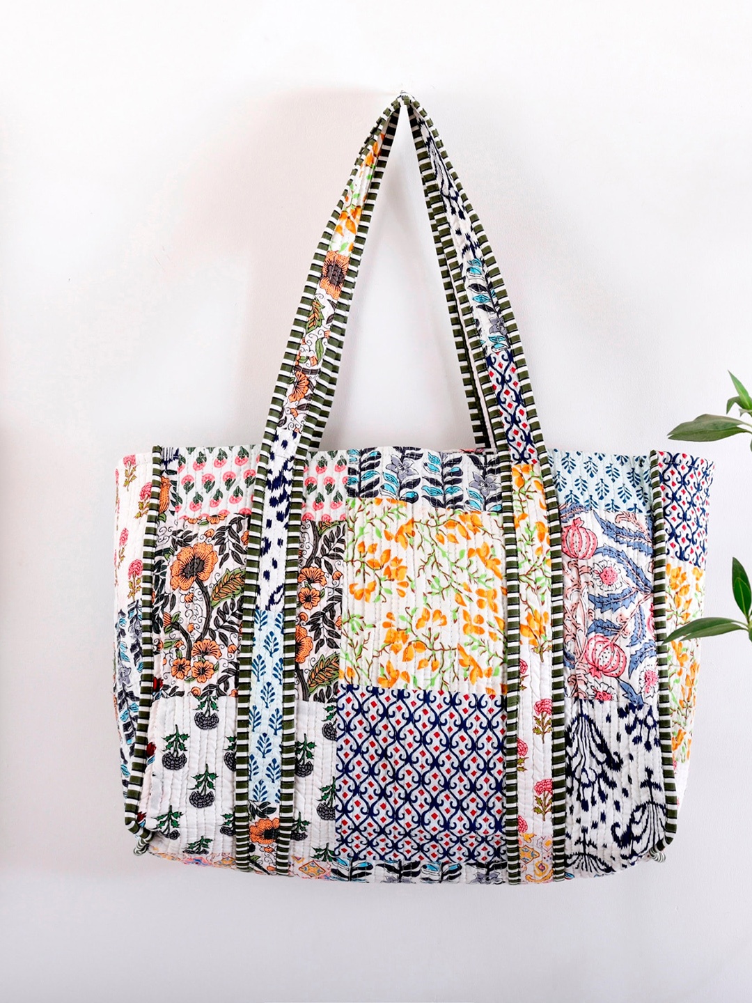 HANDICRAFT PALACE Ethnic Motifs Printed Oversized Cotton Shopper Tote Bag, White