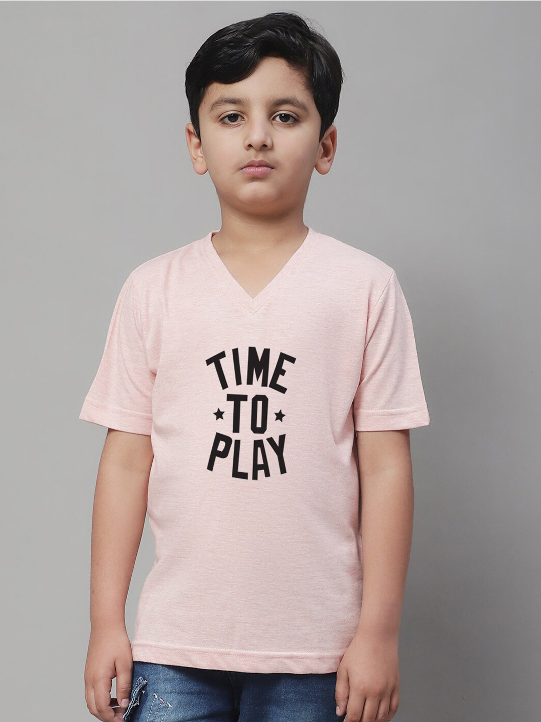 

Friskers Boys Typography Printed V-Neck Pure Cotton T-shirt, Peach