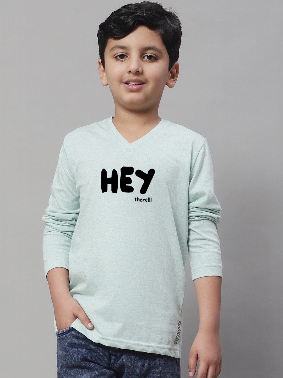 

Friskers Boys Typography Printed V-Neck Pure Cotton T-shirt, Sea green