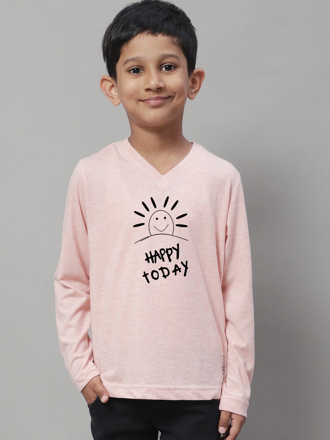 

Friskers Boys Typography Printed V-Neck Pure Cotton T-shirt, Peach
