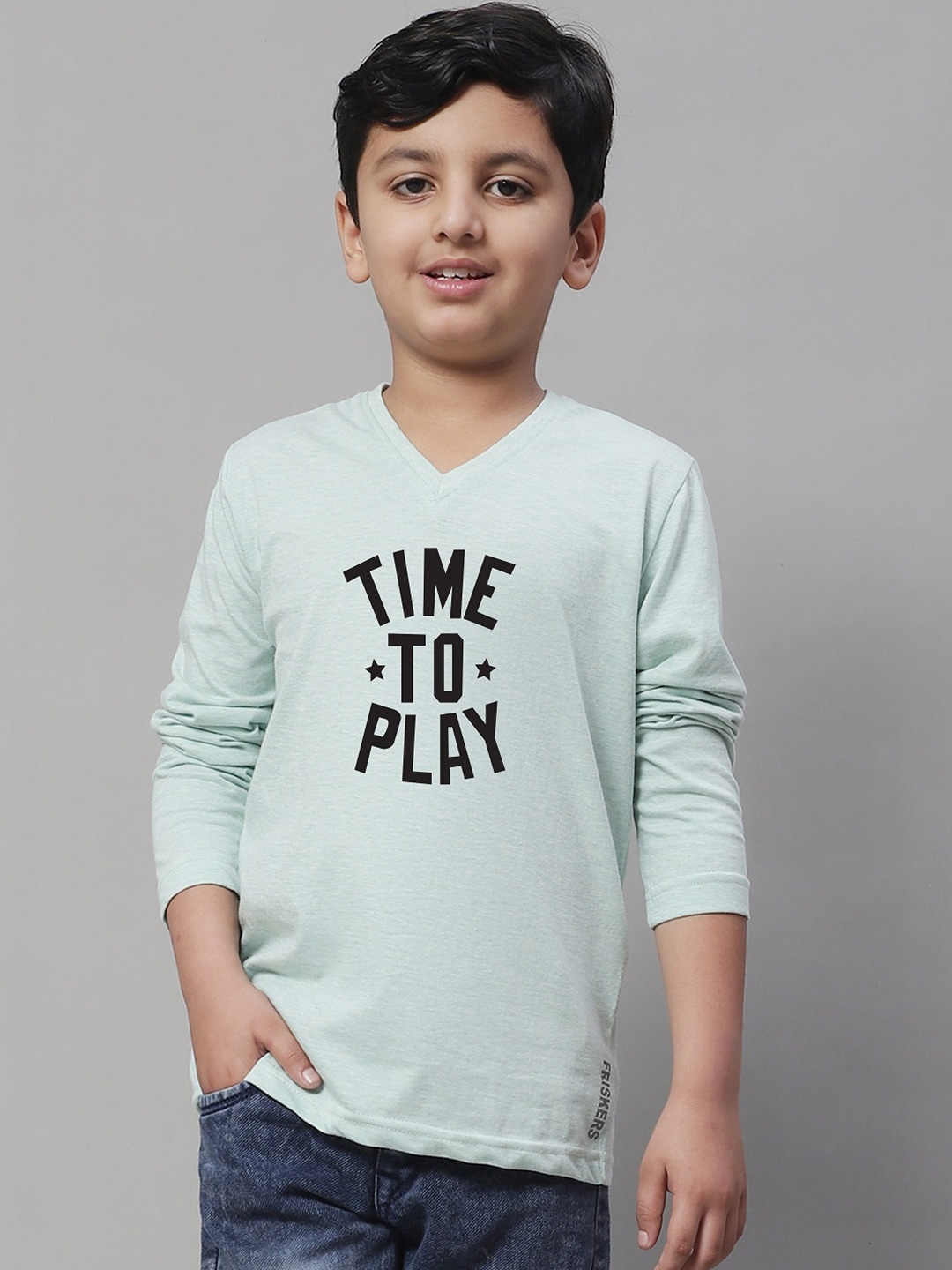 

Friskers Boys Typography Printed V-Neck Pure Cotton T-shirt, Sea green