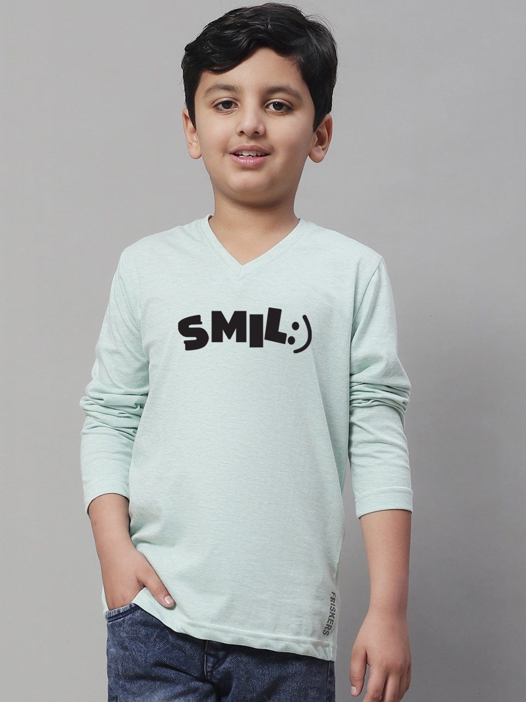 

Friskers Boys Typography Printed V-Neck Pure Cotton T-shirt, Sea green