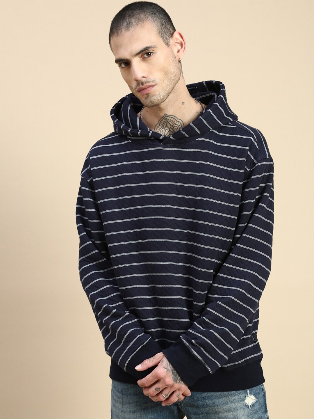 

Roadster Striped Hooded Cotton Pullover Relaxed Fit Sweatshirts, Off white