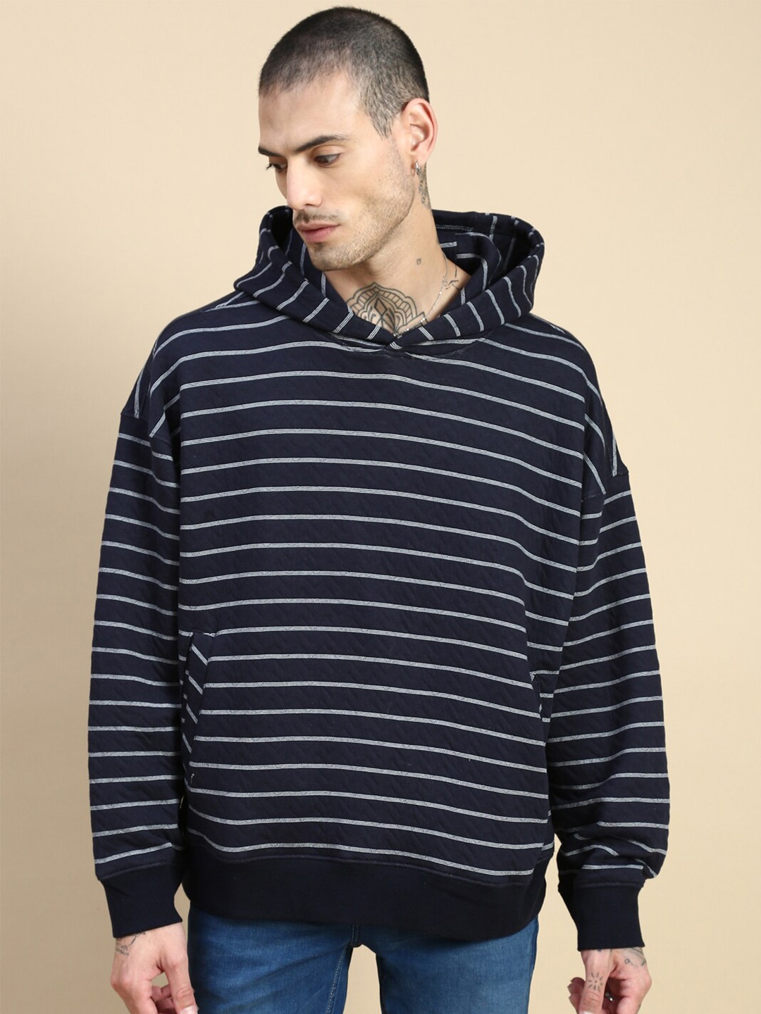 

Roadster Striped Hooded Cotton Pullover Oversized Fit Sweatshirts, Off white