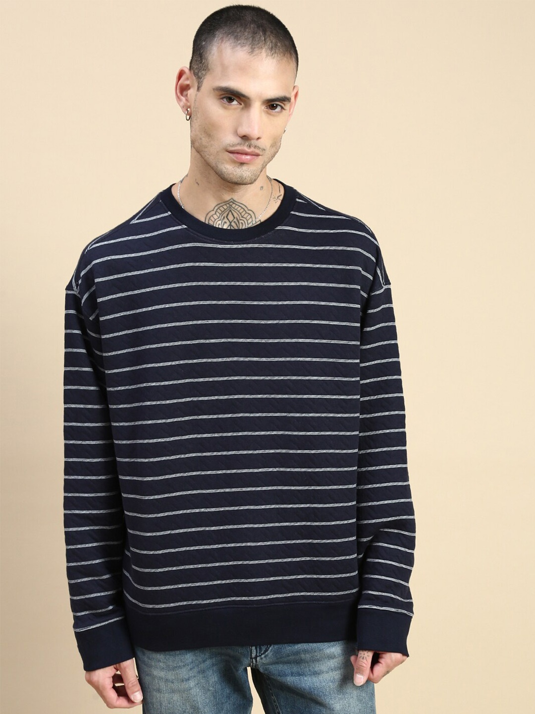 

The Roadster Lifestyle Co. Navy Blue Striped Relaxed Fit Sweatshirts