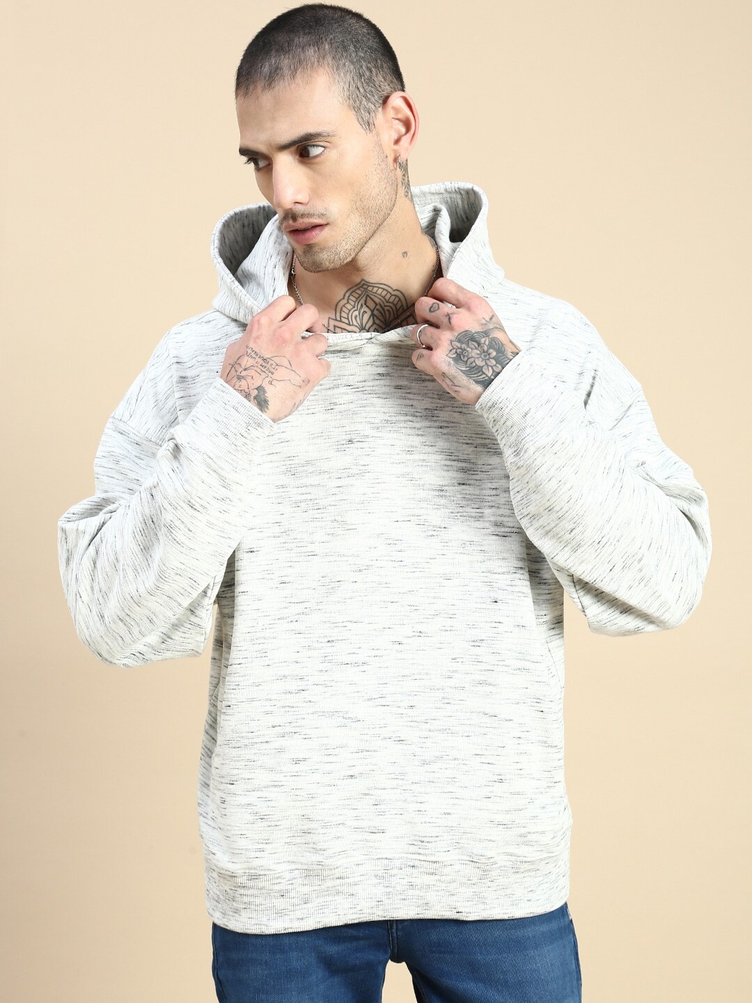 

Roadster Striped Hooded Cotton Pullover Oversized Fit Sweatshirt, Off white