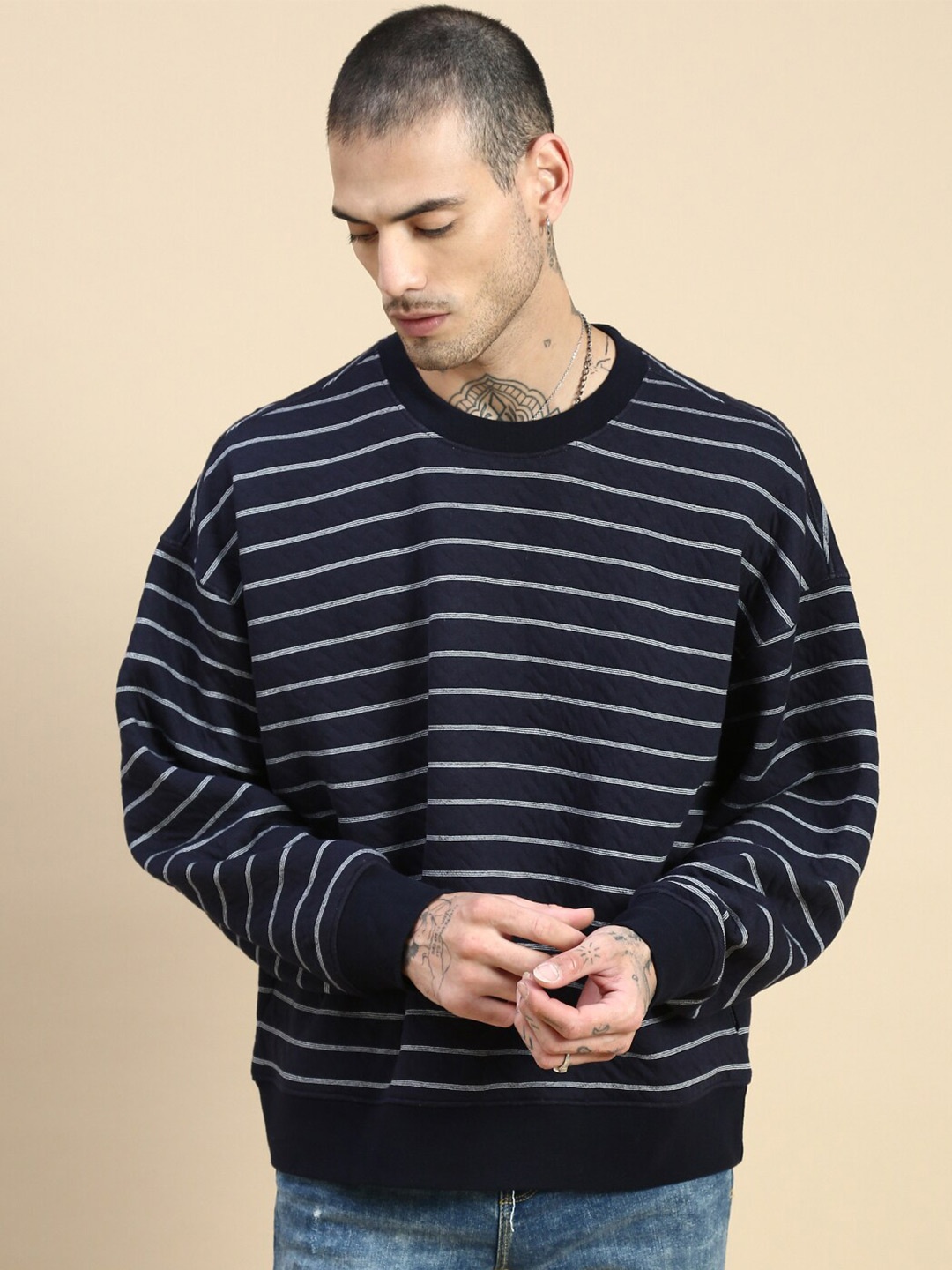 

Roadster Striped Round Neck Cotton Pullover Oversized Fit Sweatshirts, Off white