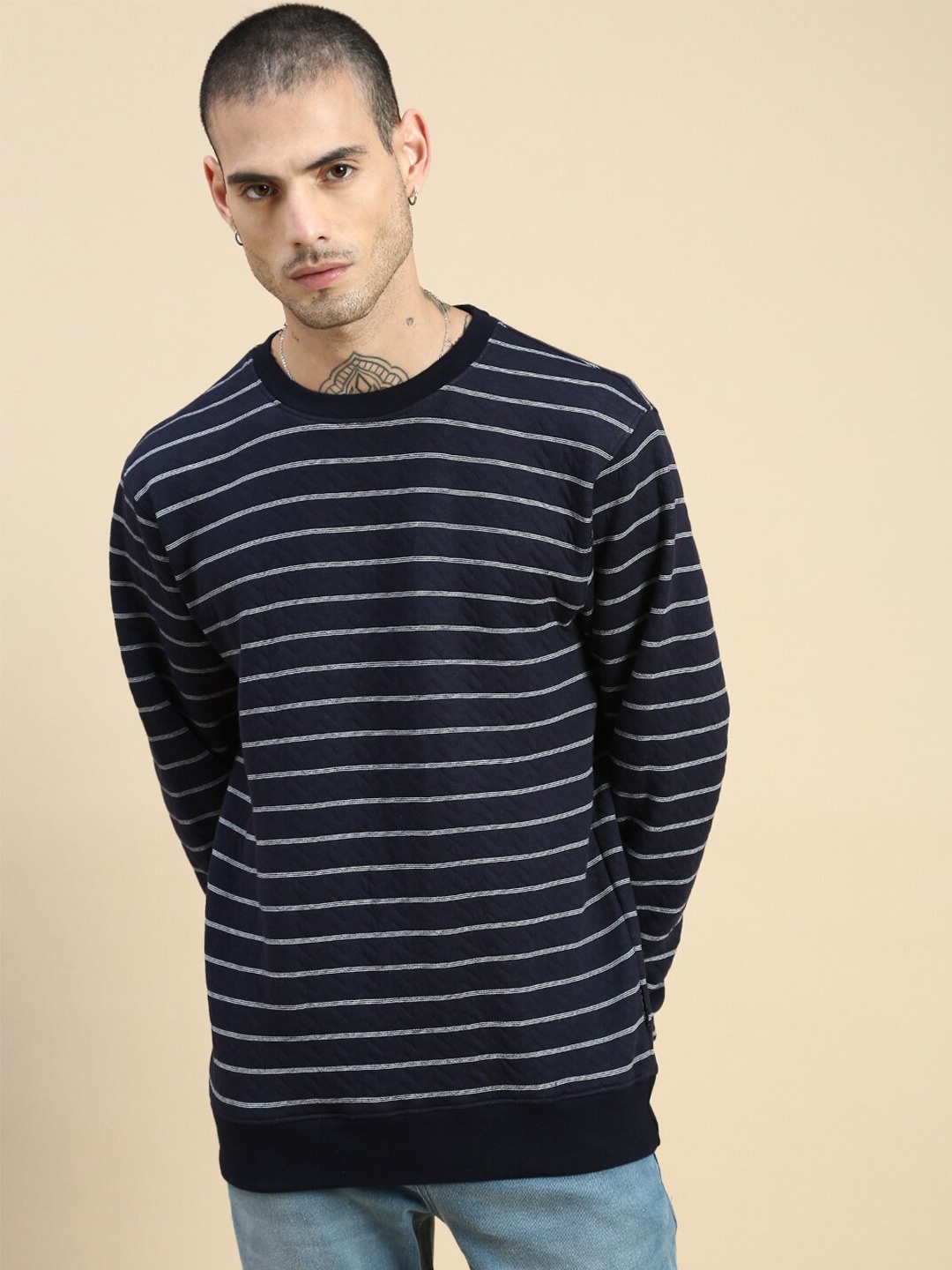 

Roadster Striped Round Neck Cotton Pullover Sweatshirt, Off white