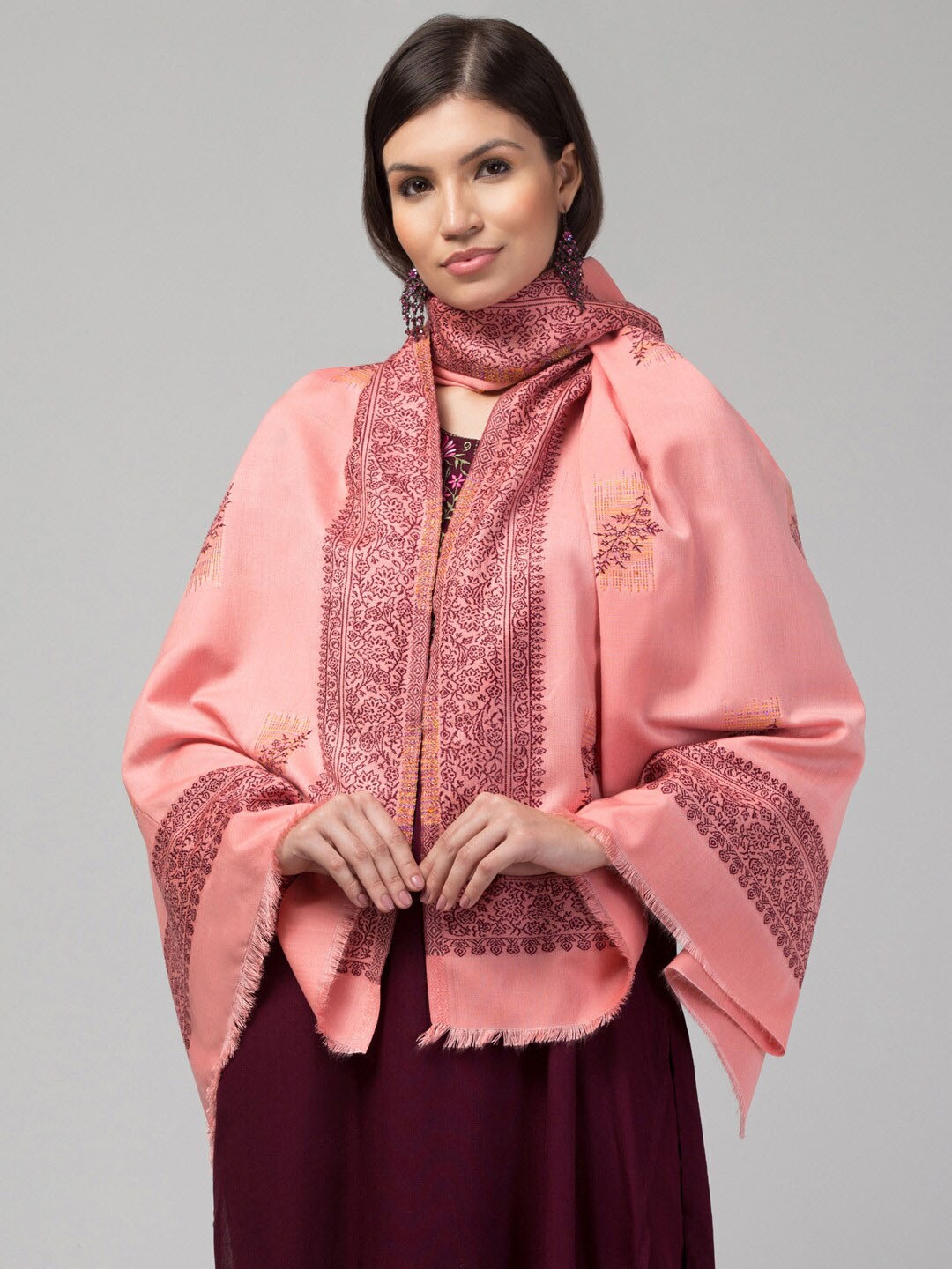 

Tweedle Floral Woven Design Zari Work Acrylic Shawl, Pink