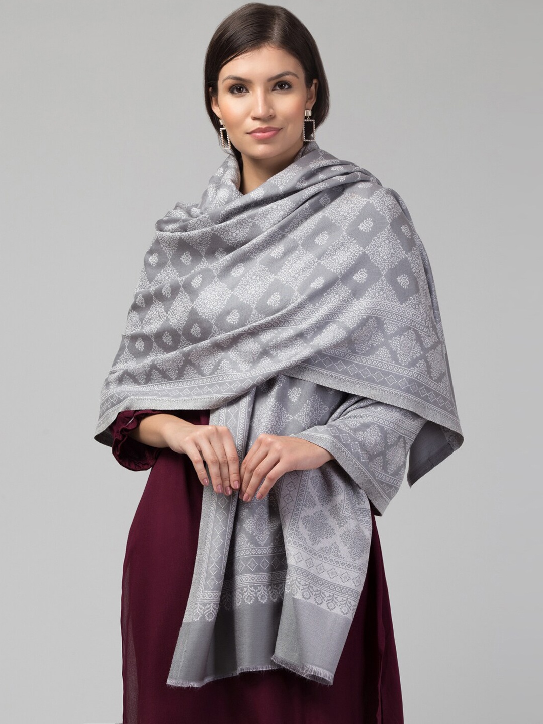 

Tweedle Ethnic Motifs Woven Design Acrylic Shawl, Grey