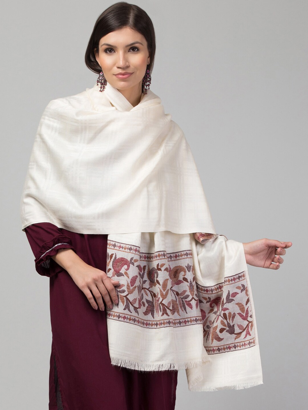 

Tweedle Ethnic Motifs Woven Design Acrylic Shawl, White