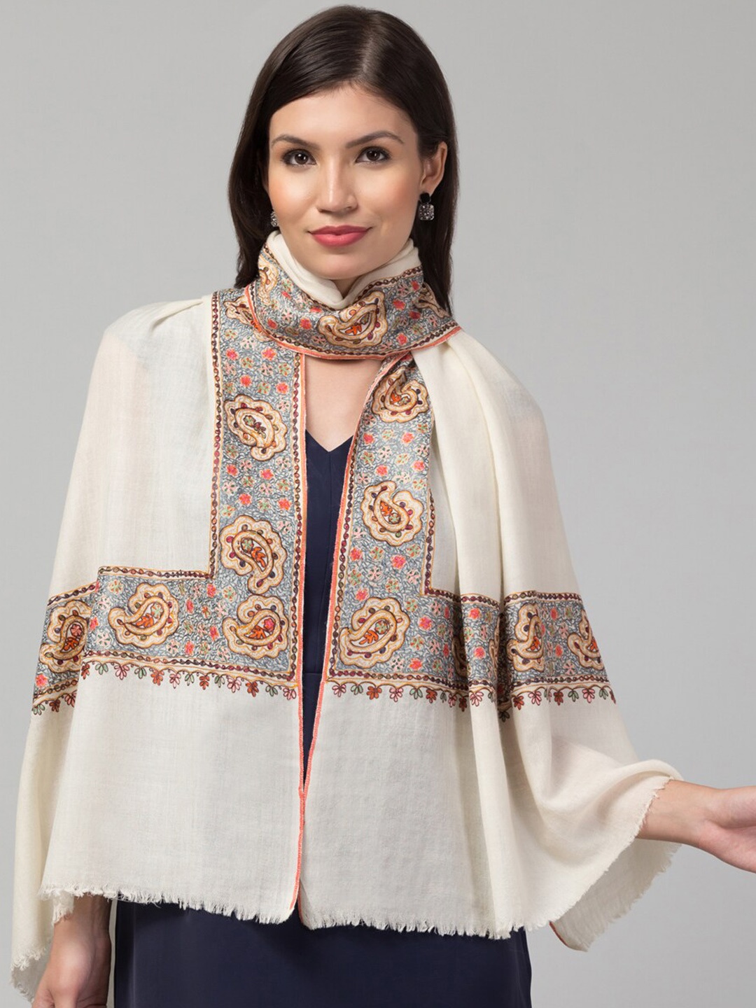 

Tweedle Paisley Kashmiri Embroidered Aari Work Pashmina Shawl, Off white