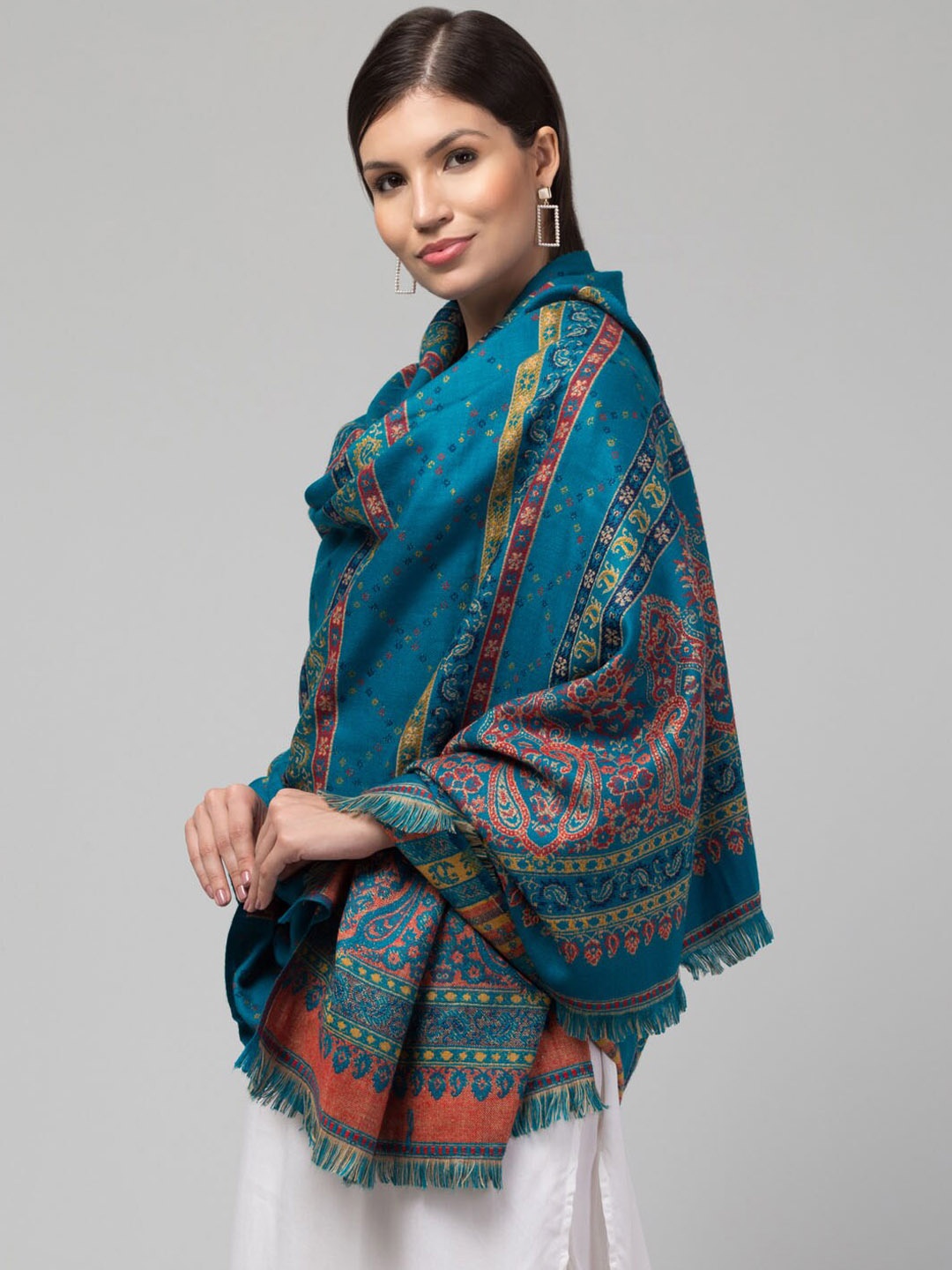 

Tweedle Ethnic Motifs Woven Design Acrylic Shawl, Turquoise blue