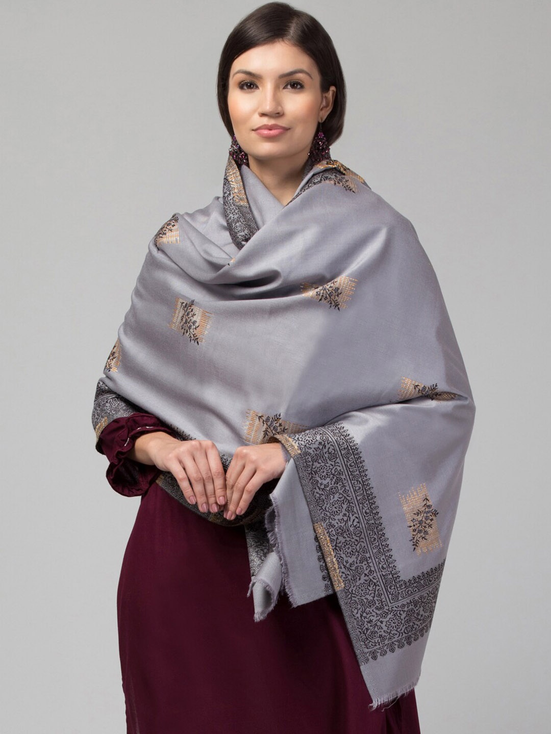 

Tweedle Floral Woven Design Zari Acrylic Shawl, Grey