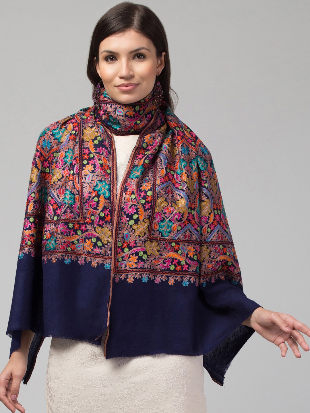 

Tweedle Floral Embroidered Aari Work Pashmina Shawl, Navy blue