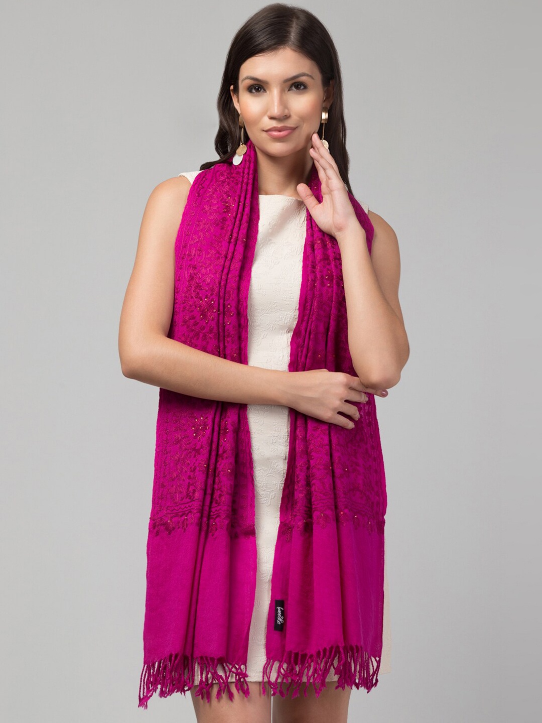 

Tweedle Kashmiri Floral Embroidered Beads and Stones Pure Wool Shawl, Magenta