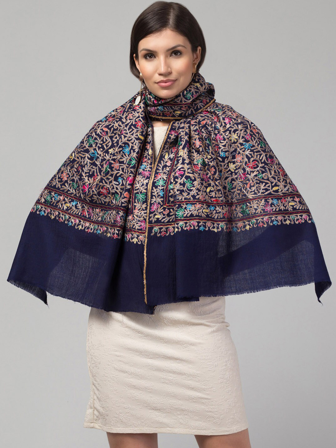 

Tweedle Floral Embroidered Pashmina Shawl, Navy blue