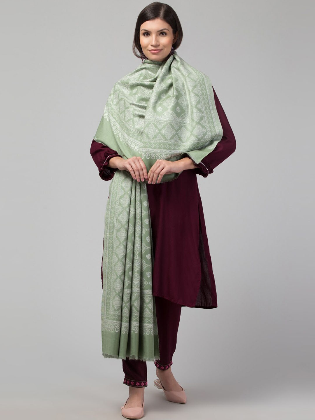 

Tweedle Ethnic Motifs Woven Design Acrylic Woollen Shawl, Green