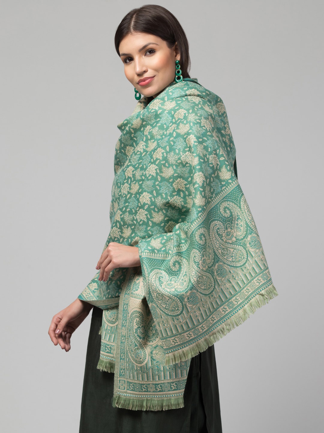 

Tweedle Ethnic Motifs Woven-Design Jamawar Weave Fringed Acrylic Shawl, Green