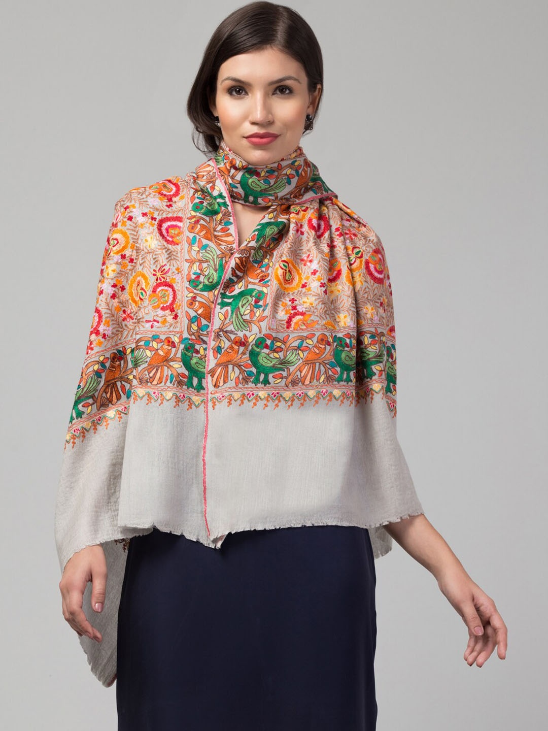 

Tweedle Ethnic Motifs Kashmiri Embroidered Pashmina shawl, Grey