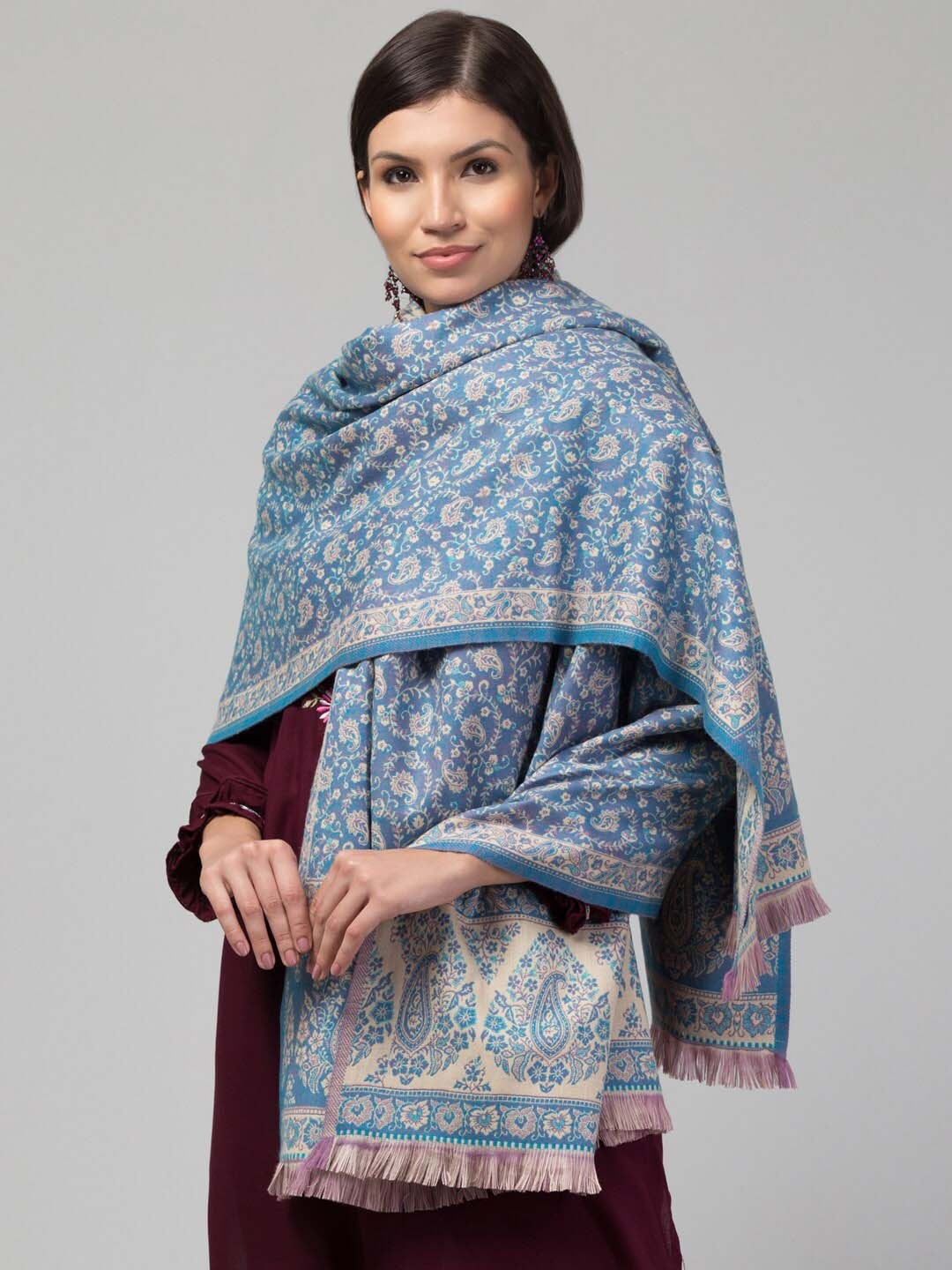 

Tweedle Ethnic Motifs Woven-Design Jamawar Weave Fringed Woollen Shawl, Blue