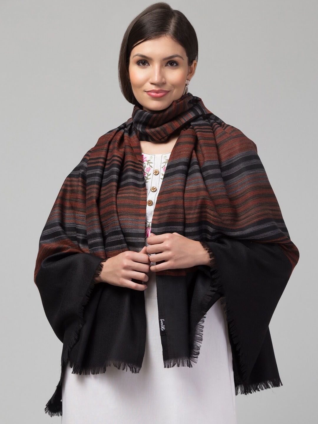 

Tweedle Striped Woven Design Fringed Woollen Shawl, Black