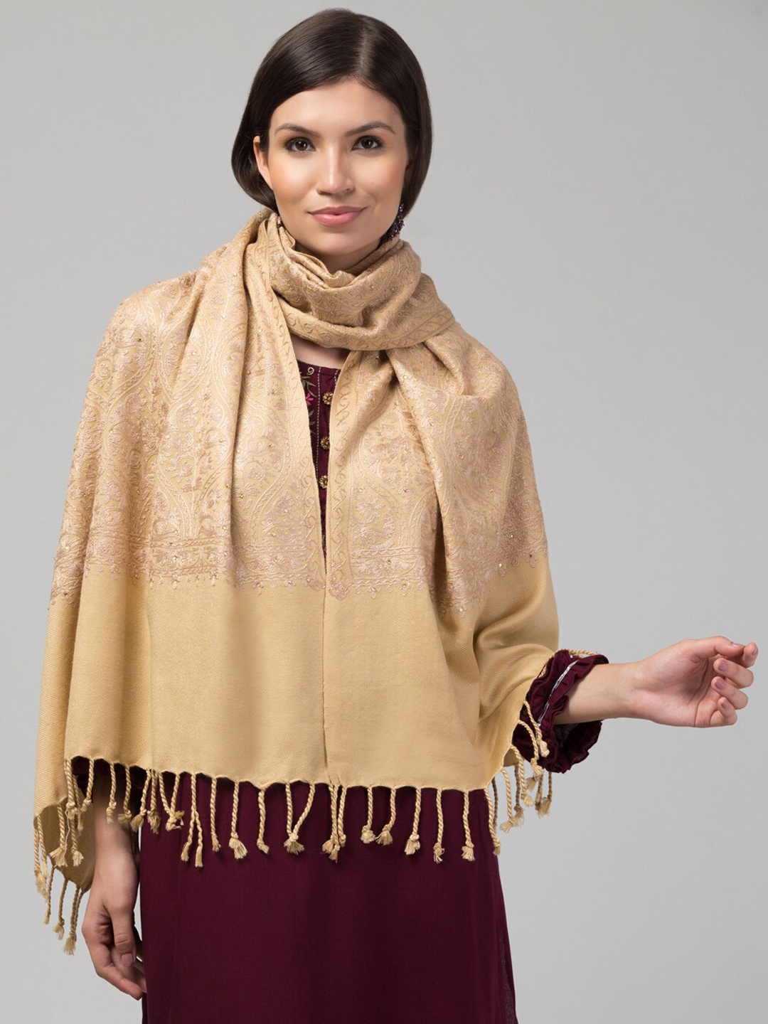 

Tweedle Ethnic Motifs Embroidered Aari Work Woollen Shawl, Beige