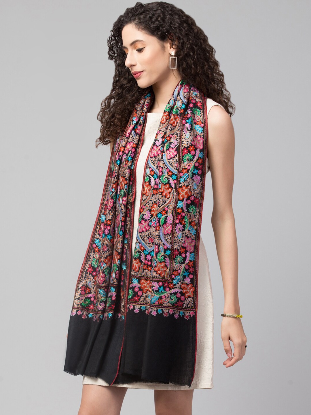 

Tweedle Floral Embroidered Pashmina Shawl, Black
