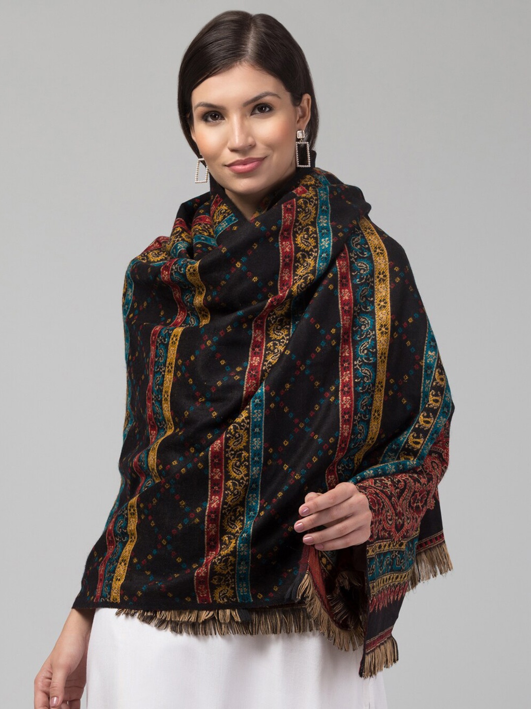 

Tweedle Ethnic Motifs Woven Design Woollen Shawl, Black