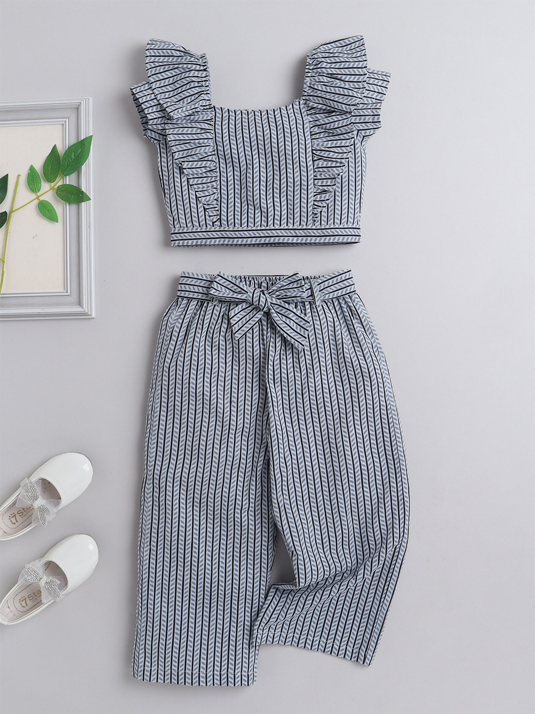 

The Magic Wand Girls Striped Top With Palazzos, Grey