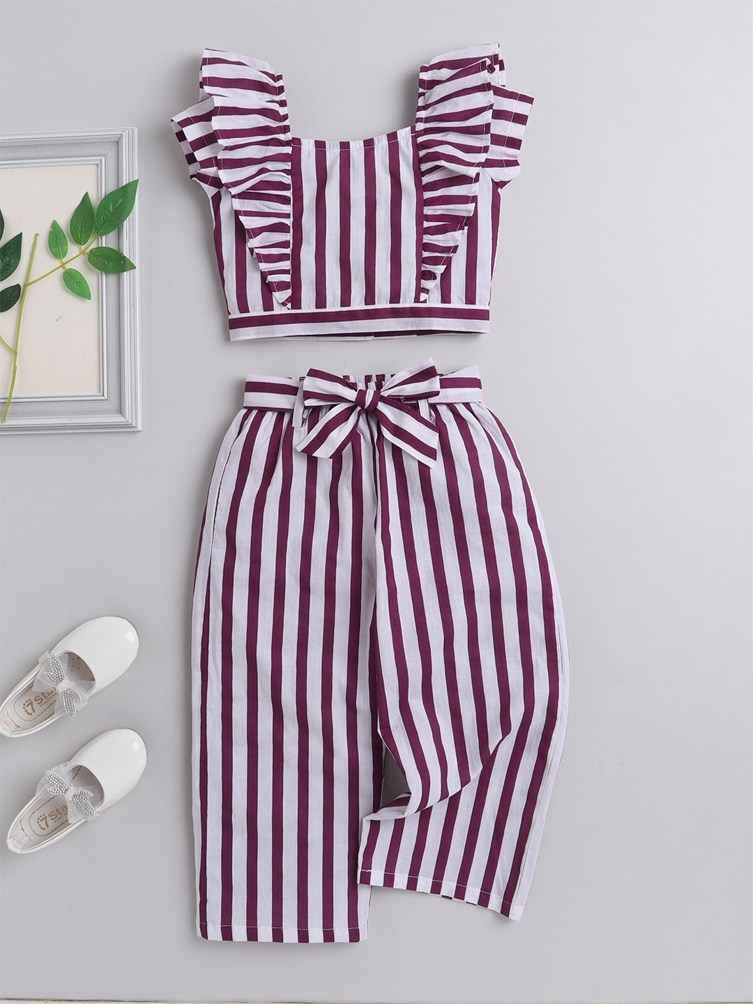 

The Magic Wand Girls Striped Square Neck Ruffled Top with Trousers, White