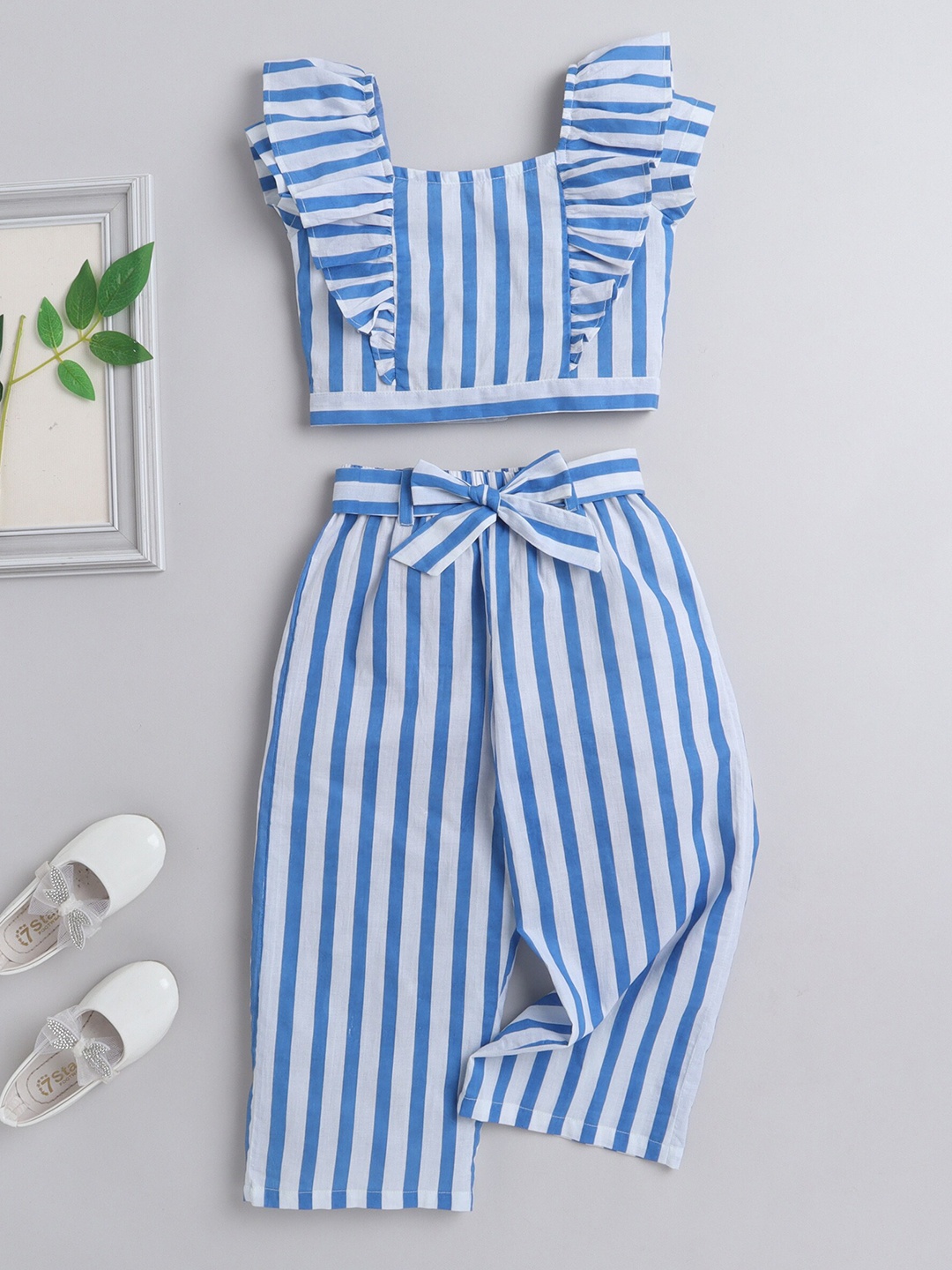 

The Magic Wand Girls Striped Square Neck Ruffled Top with Trousers, Blue