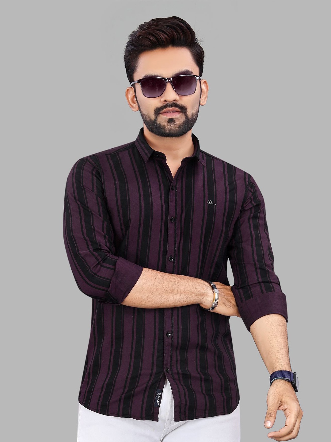 

ADWYN PETER New Vertical Stripes Opaque Cotton Casual Shirt, Purple