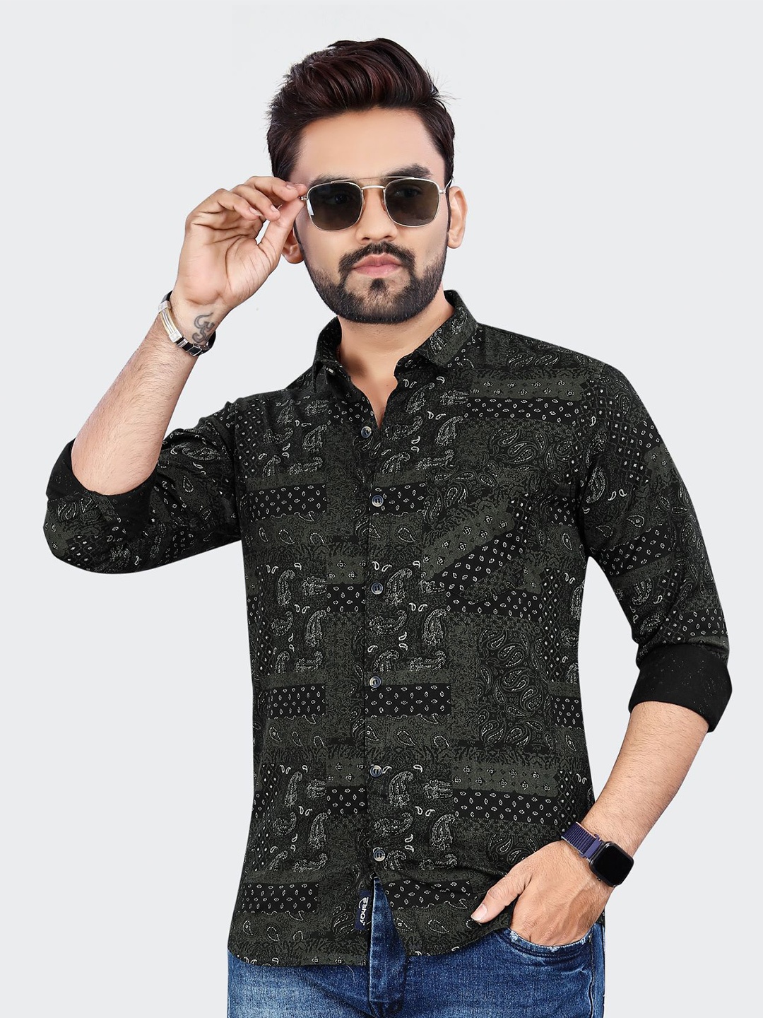 

ADWYN PETER New Ethnic Motifs Printed Cotton Casual Shirt, Green