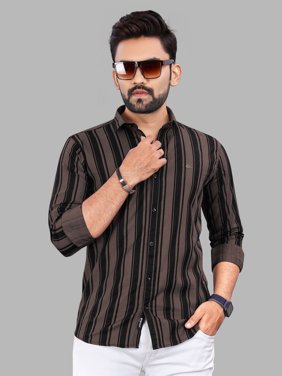 

ADWYN PETER New Vertical Striped Spread Collar Cotton Casual Shirt, Black