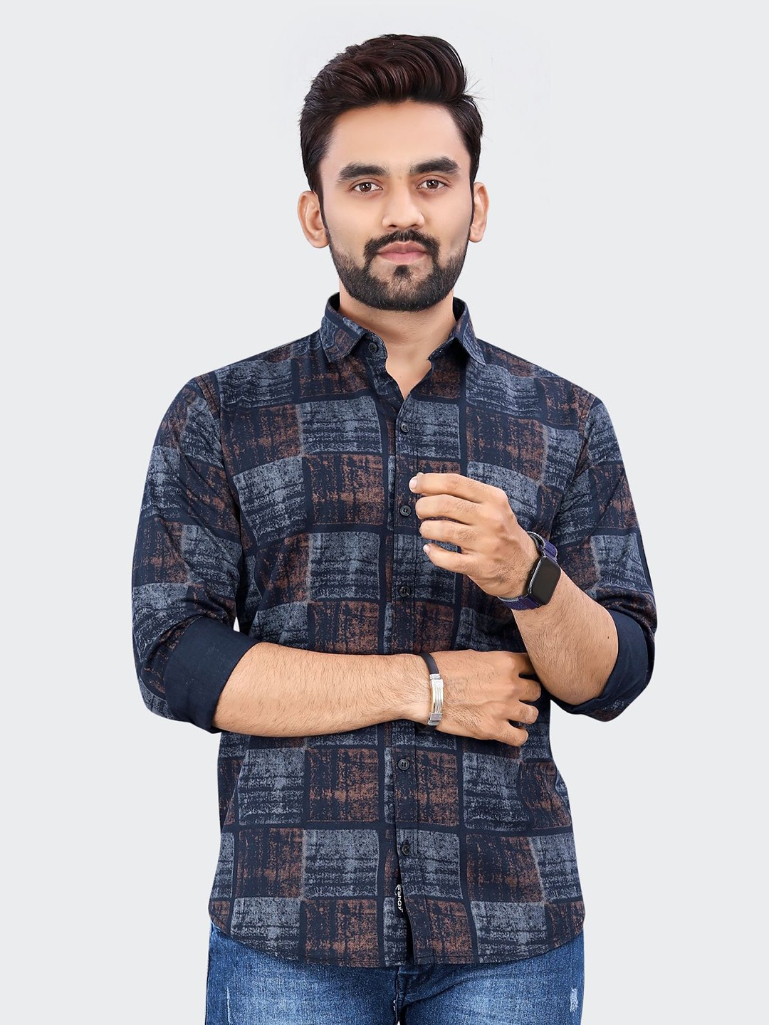 

ADWYN PETER New Fit Geometric Printed Cotton Casual Shirt, Navy blue