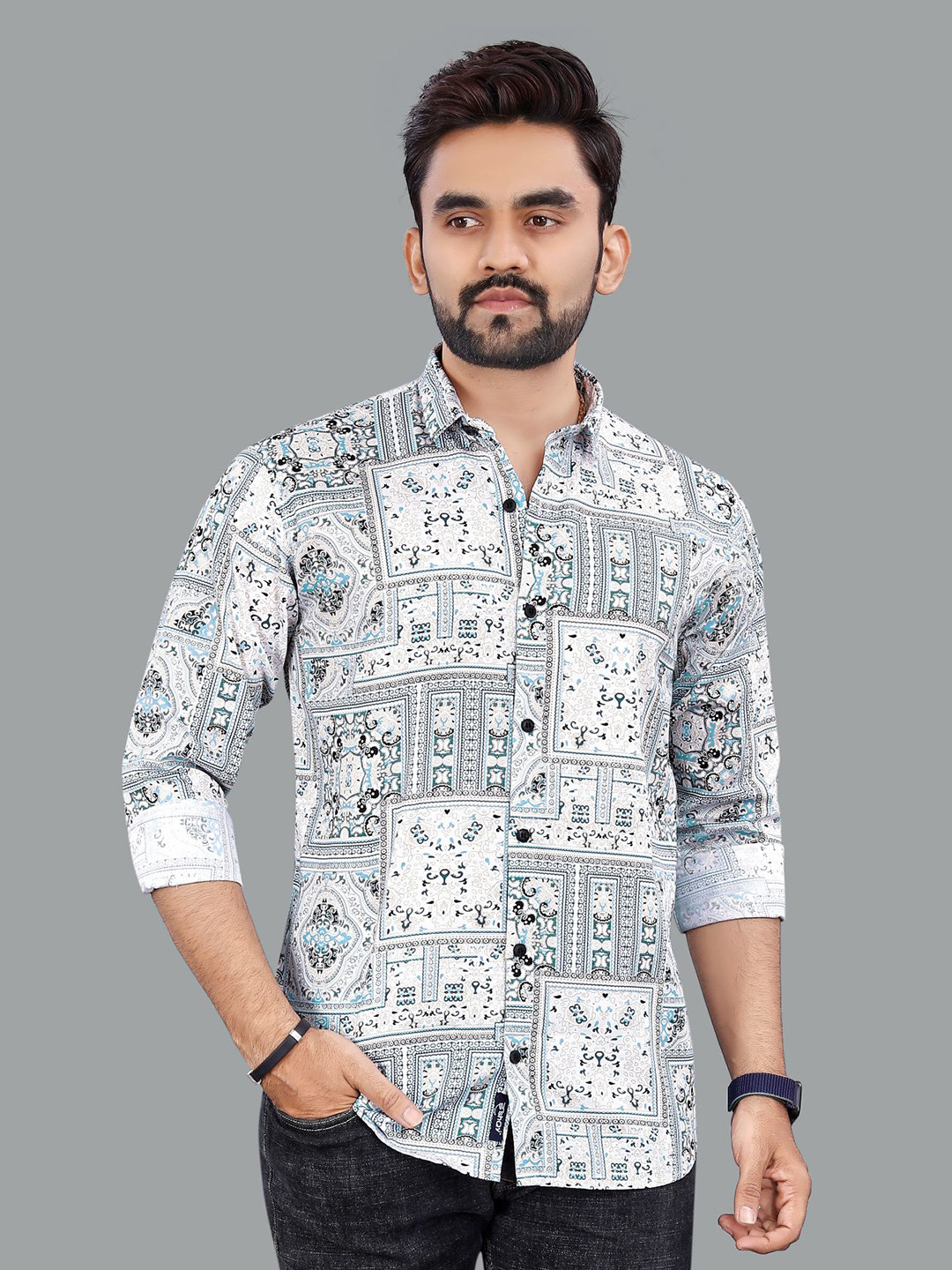 

ADWYN PETER New Ethnic Motifs Printed Spread Collar Cotton Casual Shirt, White