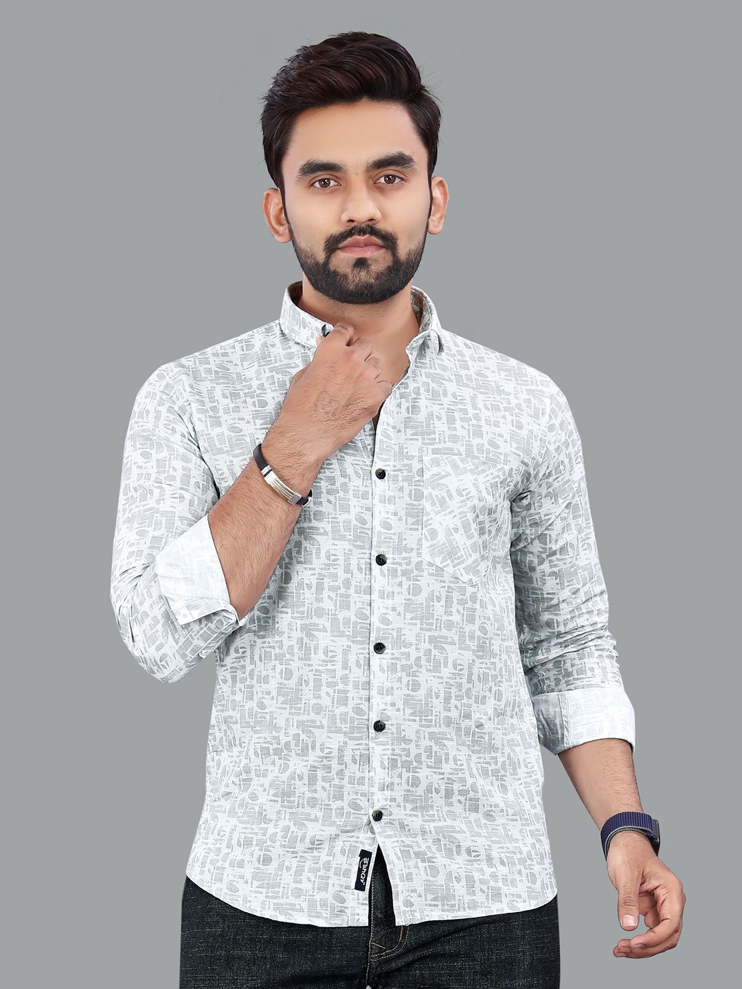 

ADWYN PETER New Geometric Printed Spread Collar Cotton Casual Shirt, White