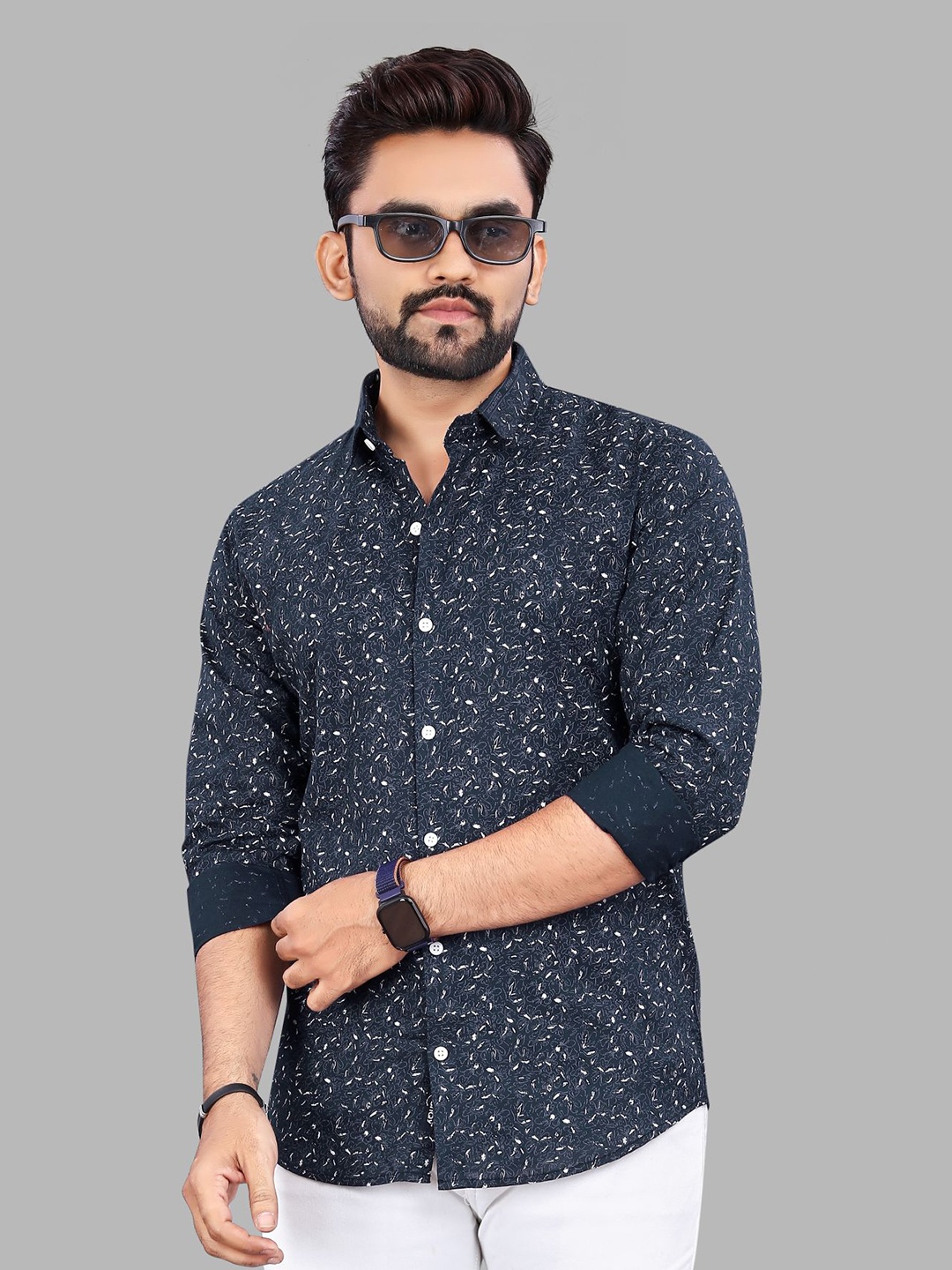 

ADWYN PETER New Floral Printed Spread Collar Cotton Casual Shirt, Navy blue