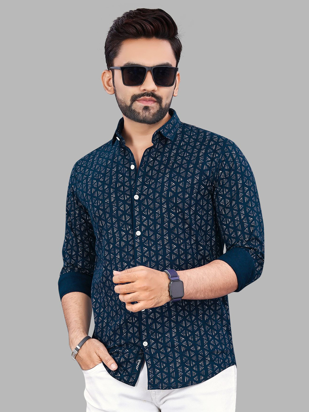 

ADWYN PETER New Geometric Printed Spread Collar Cotton Casual Shirt, Navy blue