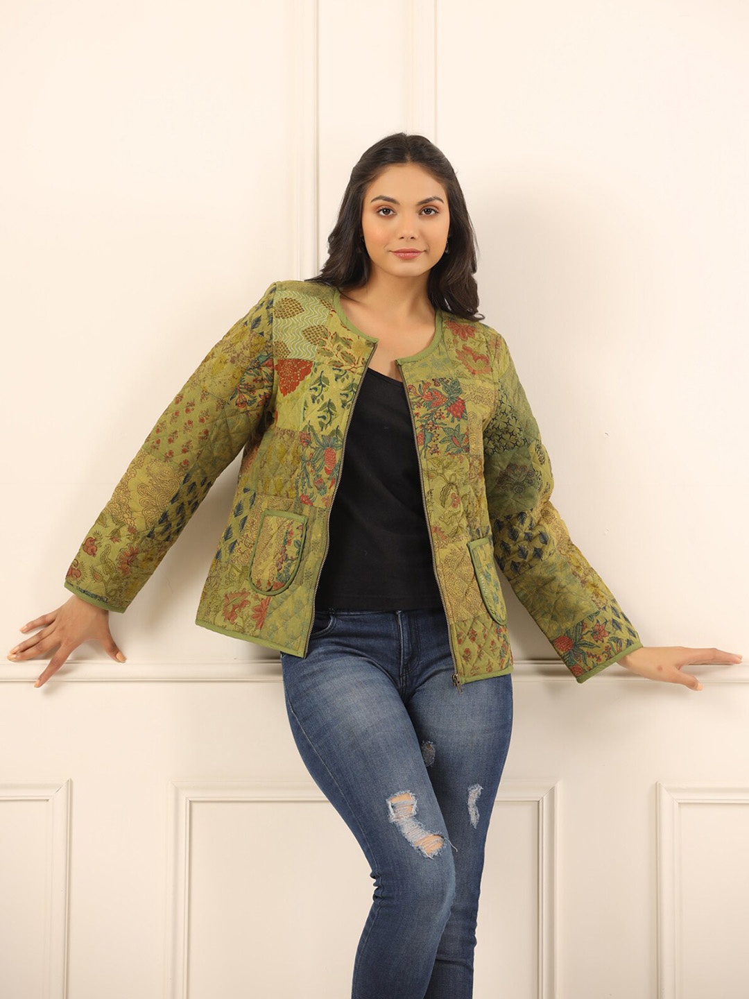 

SANSKRUTIHOMES Floral Printed Lightweight Tailored Jacket, Olive