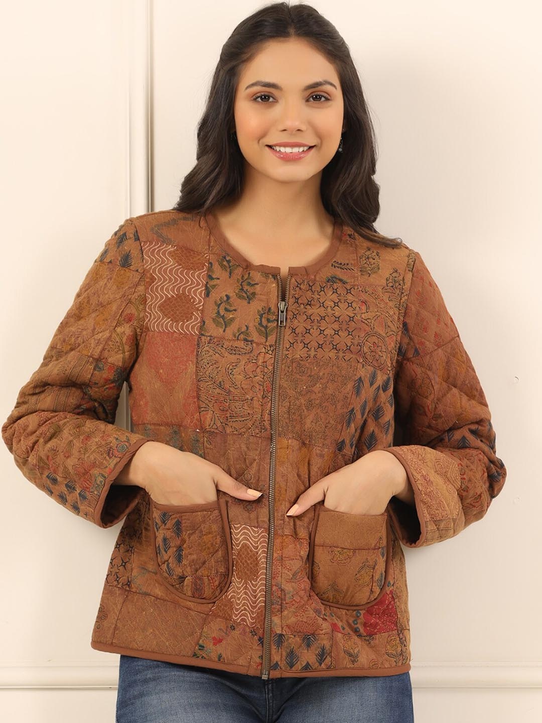 

SANSKRUTIHOMES Floral Printed Lightweight Cotton Quilted Jacket, Brown