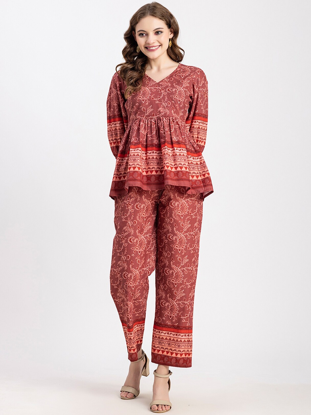 

Moomaya Printed V-Neck Pure Cotton Top With Trousers, Rust