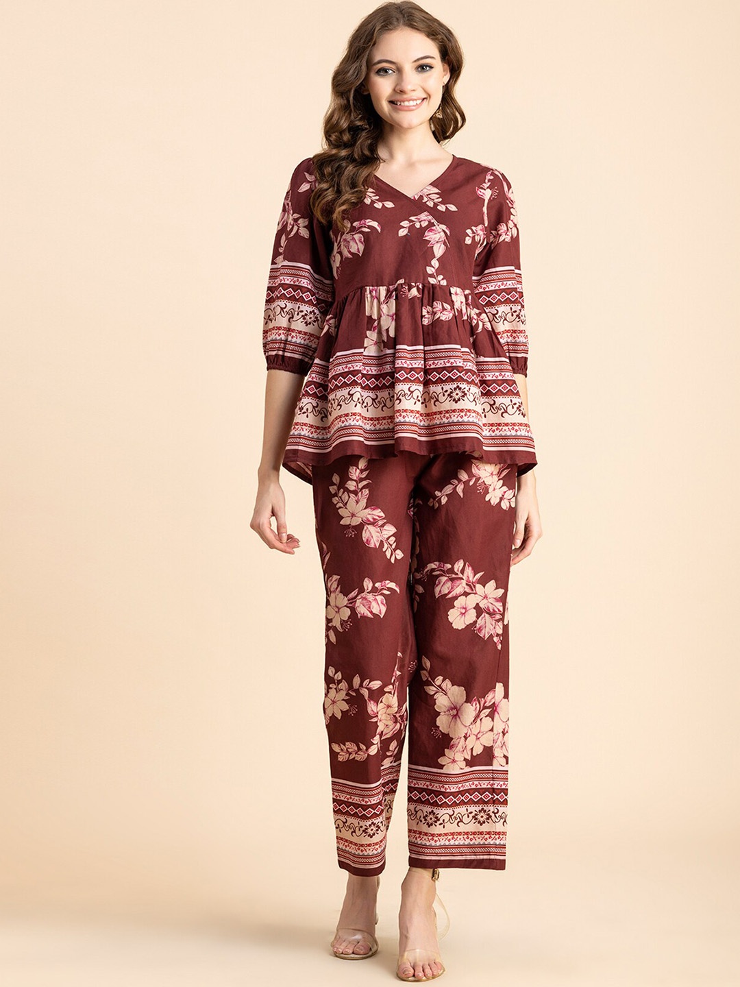 

Moomaya Floral Printed V-Neck Pure Cotton Top With Trouser, Brown