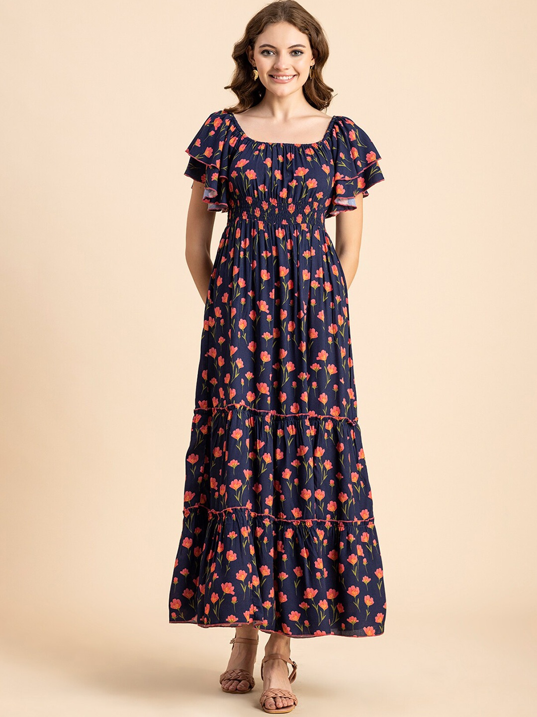 

Moomaya Floral Printed Flutter Sleeves Smocked Fit & Flare Dress, Blue