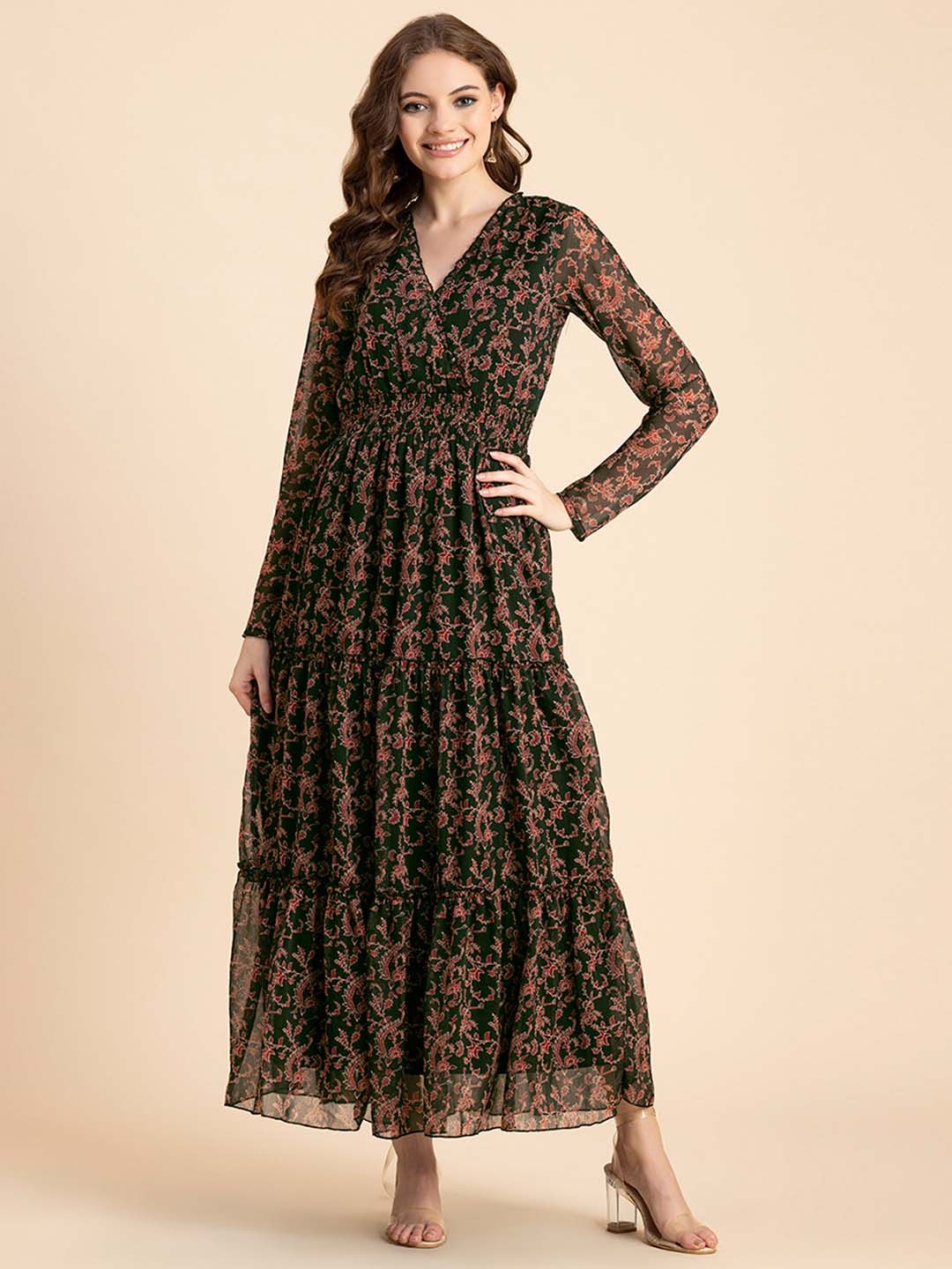 

Moomaya Floral Printed V-Neck Chiffon Maxi Dress, Green