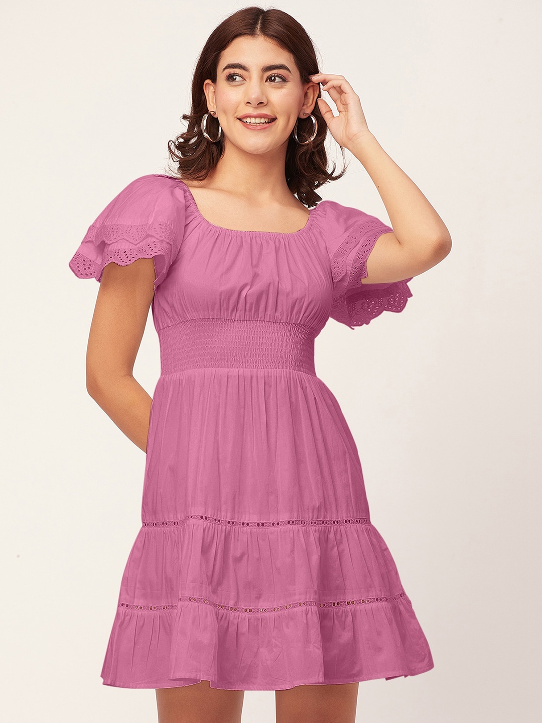 

Moomaya Self Design Flutter Sleeves Smocked Fit & Flare Dress, Pink